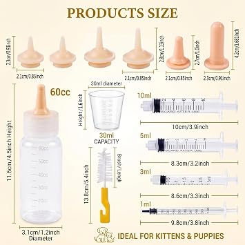 SYNLIN Newborn Pet Feeding Kit, 60cc Nursing Bottle + Multiple Oral Feeders + 10 Silicone Nipples + Cleaning Brush, Milk Feeding Tool Set for Puppy Kitten Hamster Rabbit Small Pets