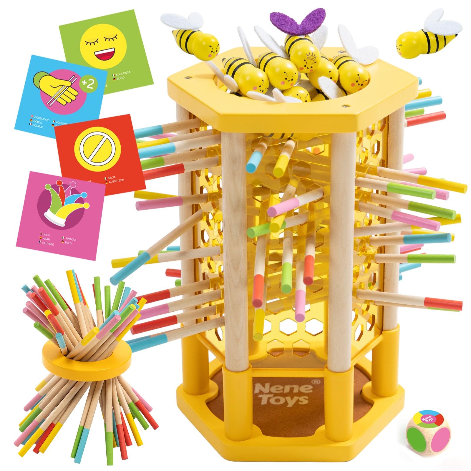 Nene Toys BEEFALL Grande, Gioco Montessori 4-in-1 per Bambini 3-9 Anni - Gioco Educativo in Legno con Alveare, 12 Api, Bastoncini Colorati, Dadi e Carte - Gioco per la Famiglia