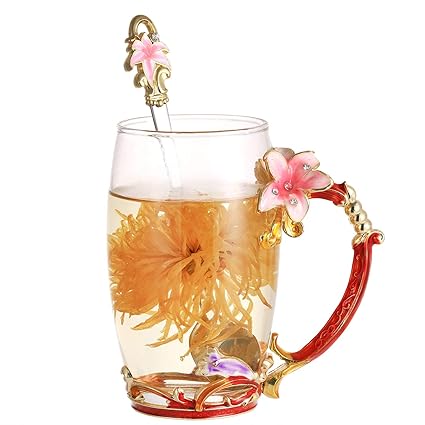 350ML Tea Cup Coffee Mug Cups, Lily Flower Glass Tea Cup, Unique Personalized Enamel Coffee Cup Set for Birthday Present Ideas for Women Grandma Mom Teachers Hot Beverages (Pink Lily, Tall)
