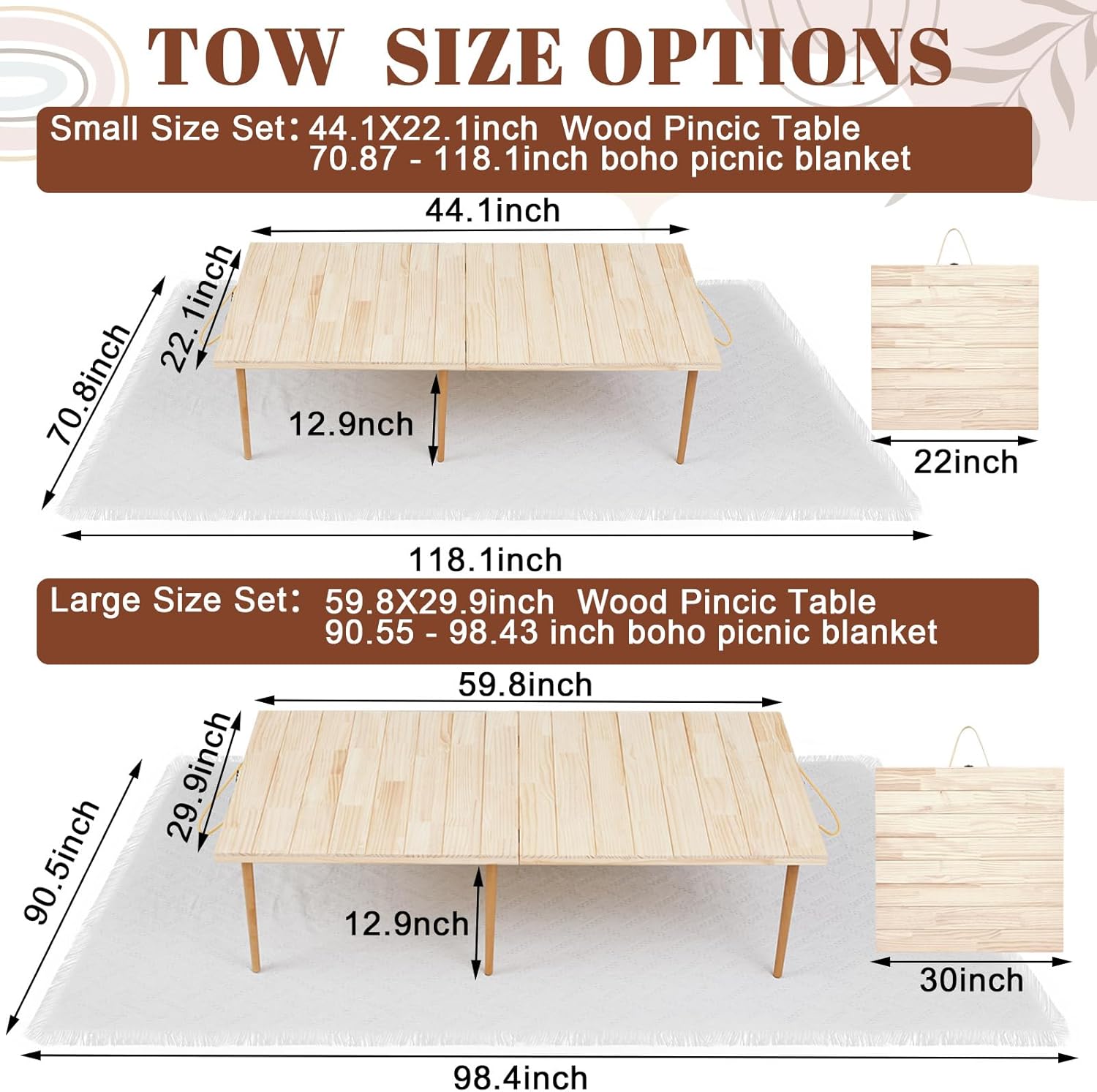 2 Set Low Picnic Table, Foldable Boho Picnic Table with Extra Large Outdoor Camping Blanket Portable Boho Wood BBQ Tables for Camping Wedding Beach BBQ Party (for 4 Person,Wood Color)