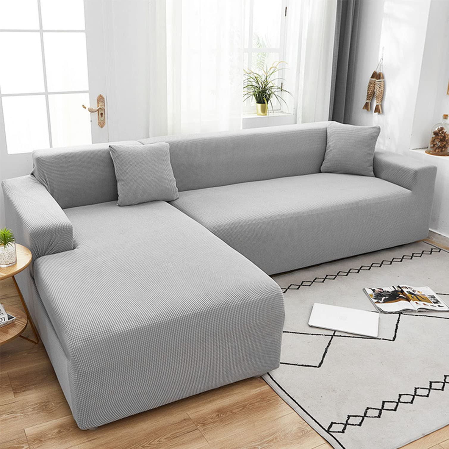 Housse canapé angle L extensible anti-tache en jacquard 3 places