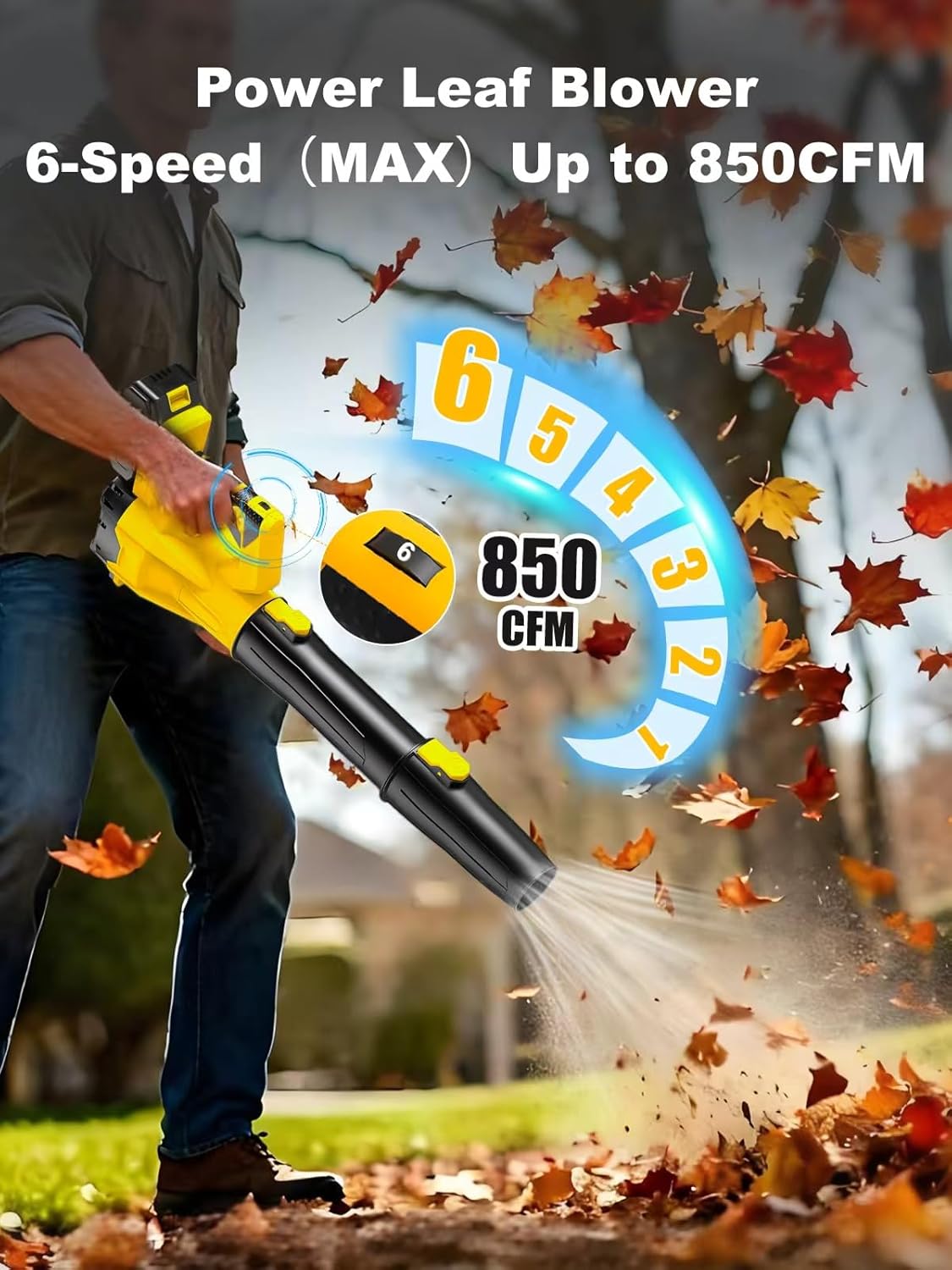 Leaf Blower Cordless, 21V Powerful Electric Blower with 2*4.0Ah Batteries & 1*Fast Charger, 6 Speed Modes, Handheld Lightweight Leaf Blowers for Lawn/Patio/Dust/Leaves, Gift Goggles & Earplugs-Yellow