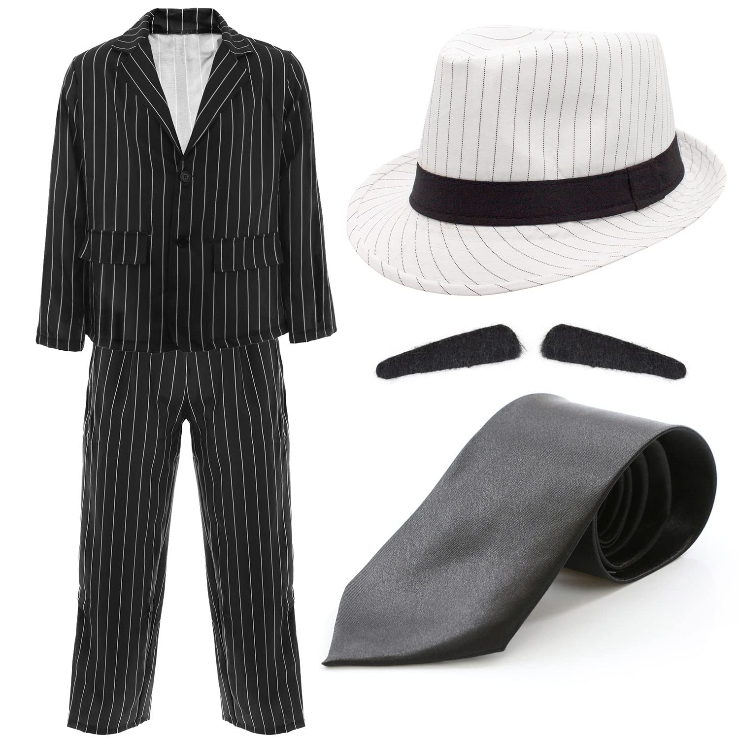 Adults Gangster Costume – XX-Large - Black and White Gangster Pinstripe Suit Jacket, Pinstripe Suit Trousers, White Pinstripe Trilby Hat, Black Tie – 1920's Film & TV Fancy Dress Costume