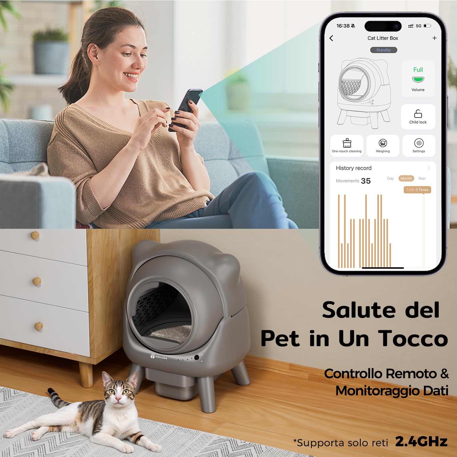 Amicura Cura X1 Lettiera Autopulente per Gatti (60L), con Controllo via App, Sensori di Sicurezza Anti-Pinch, Contenitore per Rifiuti Anti-Odore (8L), Facile da Pulire – Lettiera Elettrica per Gatti