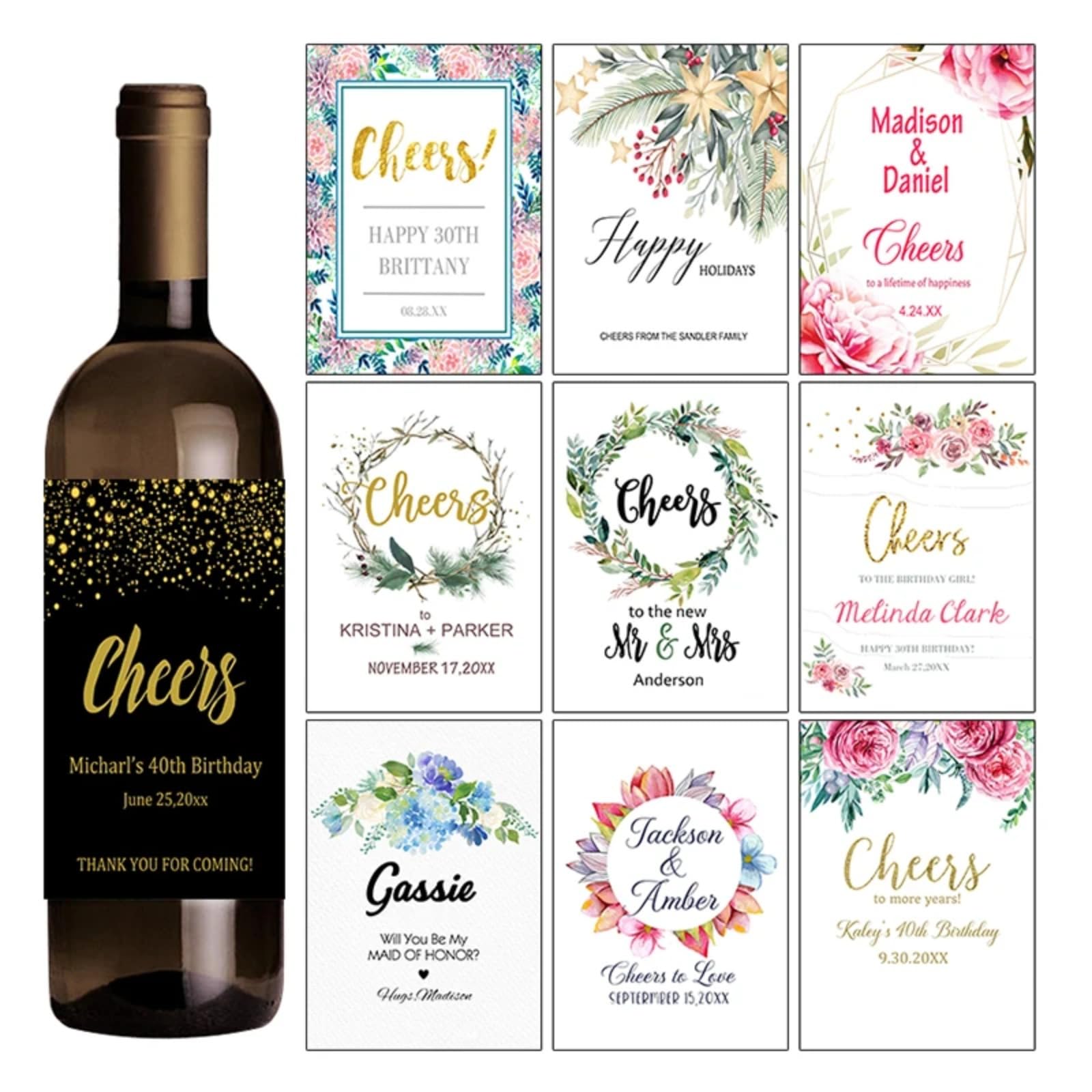 Personalized Wine Bottle Labels Wedding,Custom Engagement Bride Thank You Birthday Party Wine Bottle Label Sticker (20Pcs)