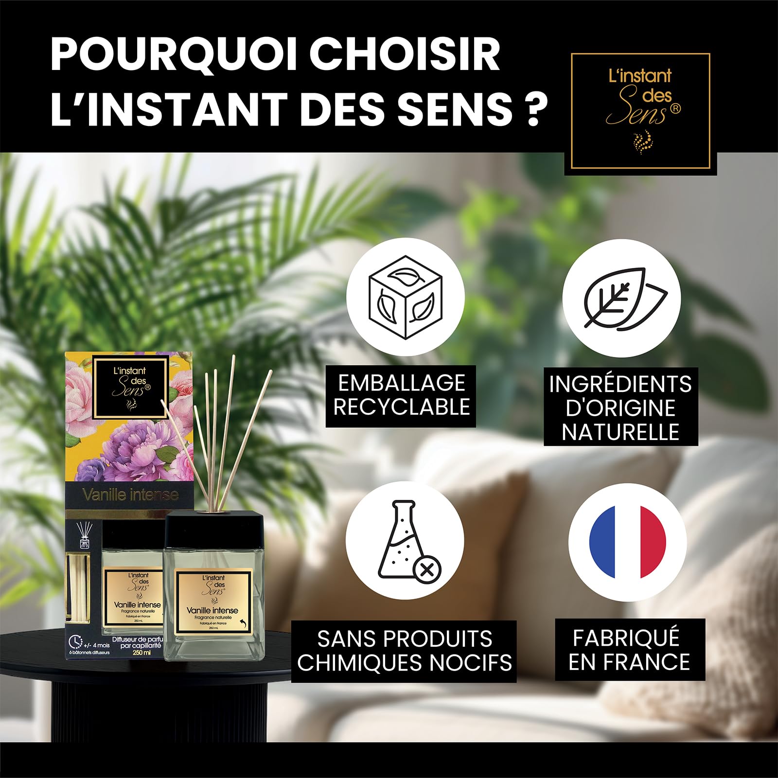 Recharge Diffuseur à Bâtonnets Vanille Intense - 200 Ml, Parfum D'ambiance Maison | Notes Vanille, Coco, Jasmin, Agrumes