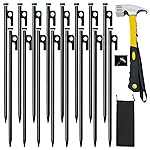16 Pack Tent Stakes with Hammer,16in Heavy Duty Tent Stakes + 12in Camping Hammer+Storage Pouch, Forged Steel Stakes for Camping Used on Rocks, Grassland(16Pcs 16in Stake+Hammer)