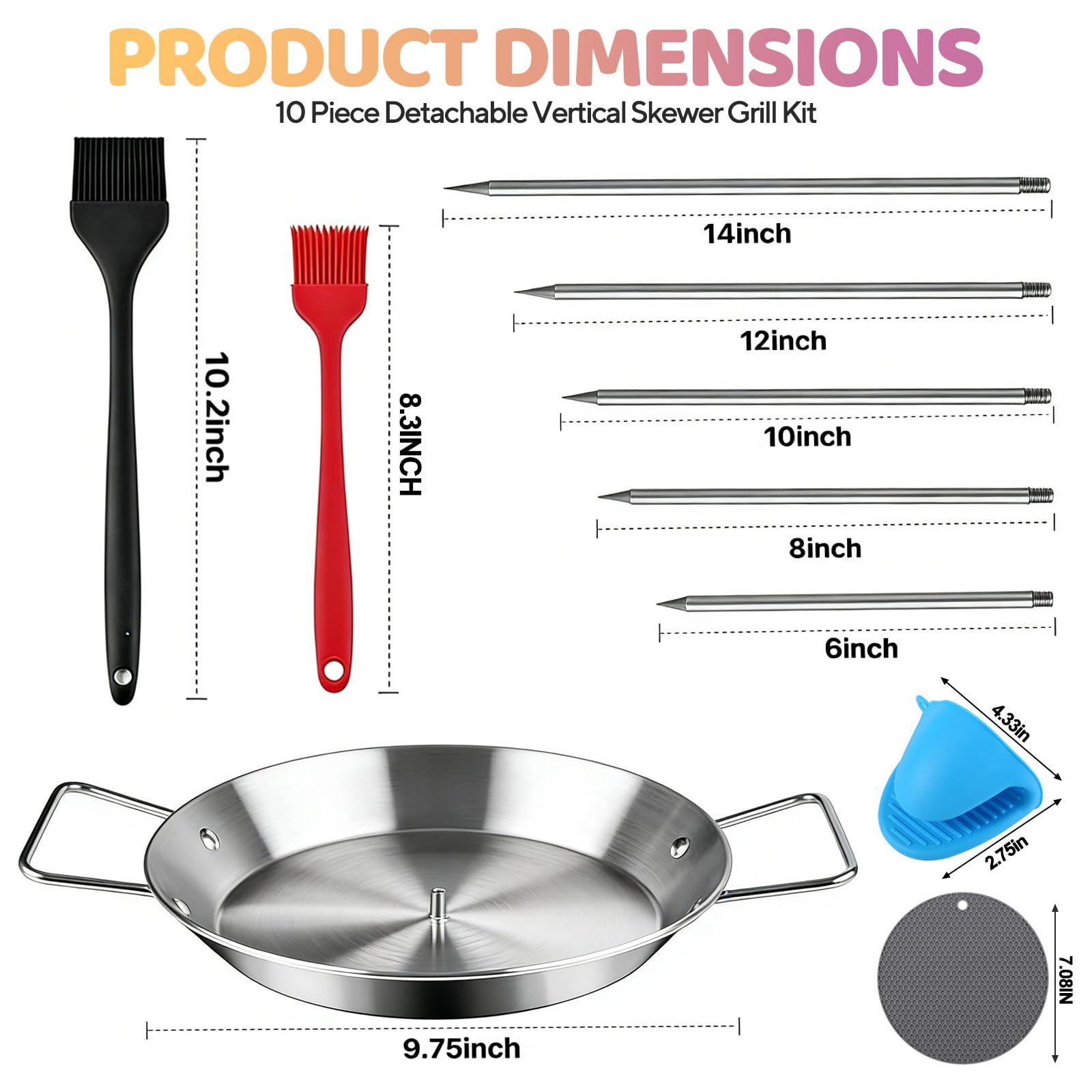 Supporto verticale per spiedini per kebab, in acciaio inox, con 25,4 cm, 5 punte in acciaio inox, 2 spazzole per olio, guanti in silicone, cuscinetto isolante termico per grigliare la carne