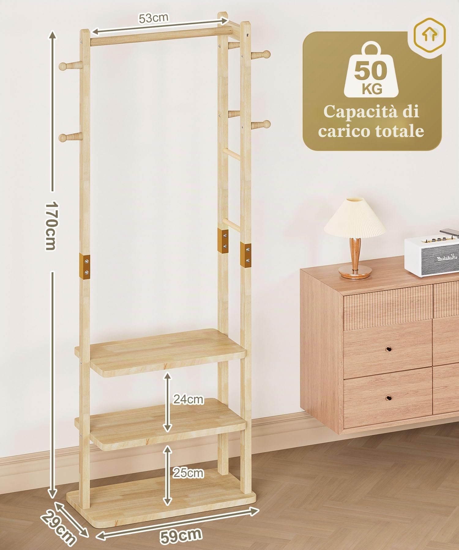 Yorbay Appendiabiti Legno Guardaroba Ripiani: 3 Ripiani, 6 Ganci | 1 Asta per Abiti per Abbigliamento Cappelli Giacche Borse - Guardaroba per Soggiorno Camera da Letto Ufficio