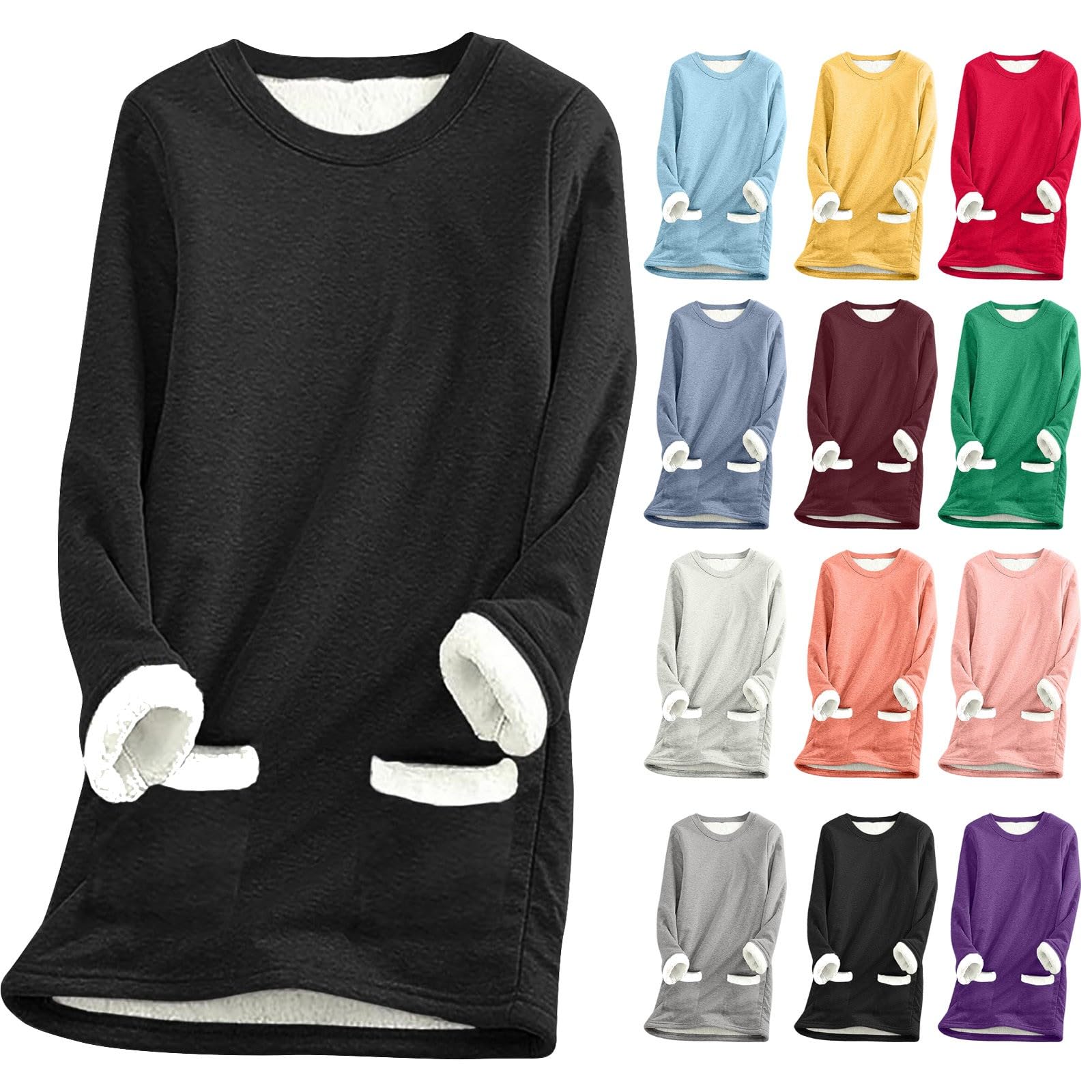 Winter Fleece Lined Warm Shirts for Women Solid Color Raglan Long Sleeve Crewneck Tunic Tees Casual Thermal Top