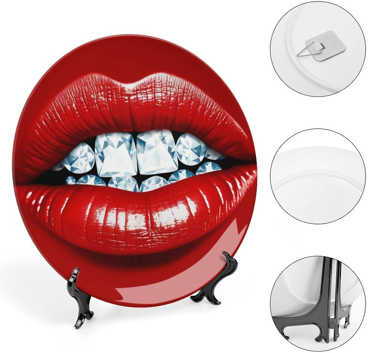Red Lips with Diamond Ceramic Decorative Plate for Home, Bone China Plates | Chinese Style Decorative Dish with Stand, Dinner Plates Art Crafts for Wall Decor, Collections Plate with Hook 7inch
