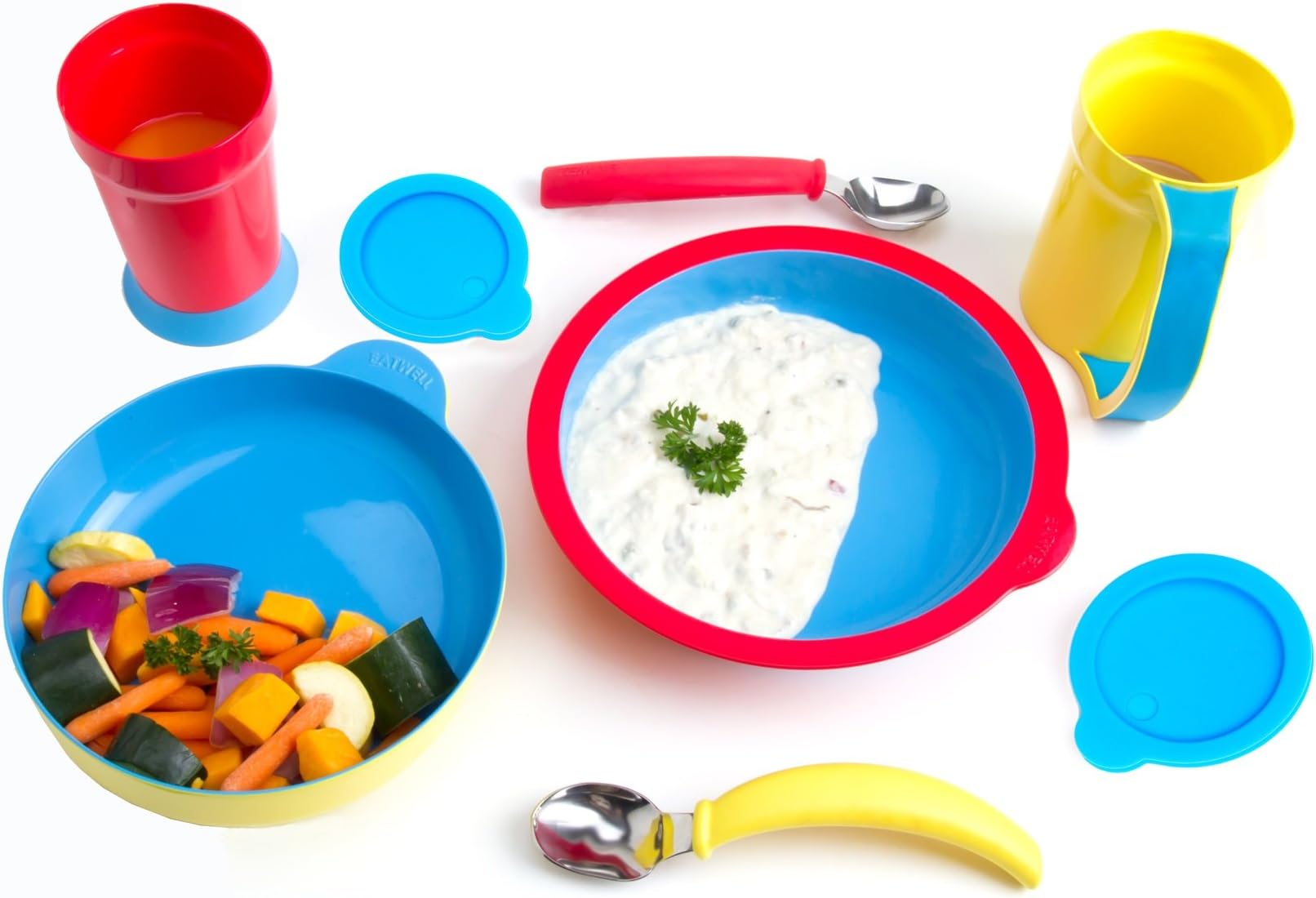 Sha Design Eatwell Assistive Tableware Set, Premium Eating Aid, High Contrast Colors, Anti-tipping & Non-Slip Adaptive Utensils,Cups and Bowls for dementia,small children, Independent eating,8 Piece