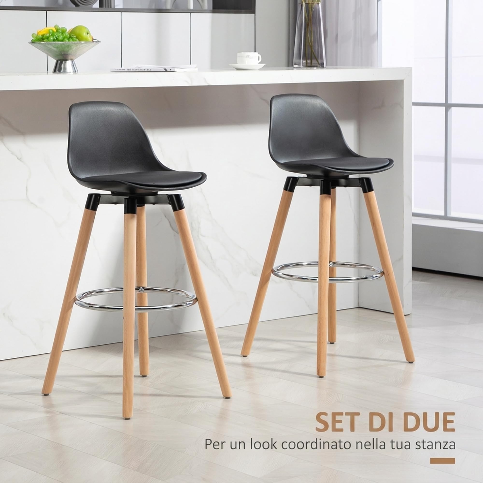 HOMCOM Set 2 Sgabelli Bar in PU Moderni, Seduta Alta 69 cm Imbottita Nero