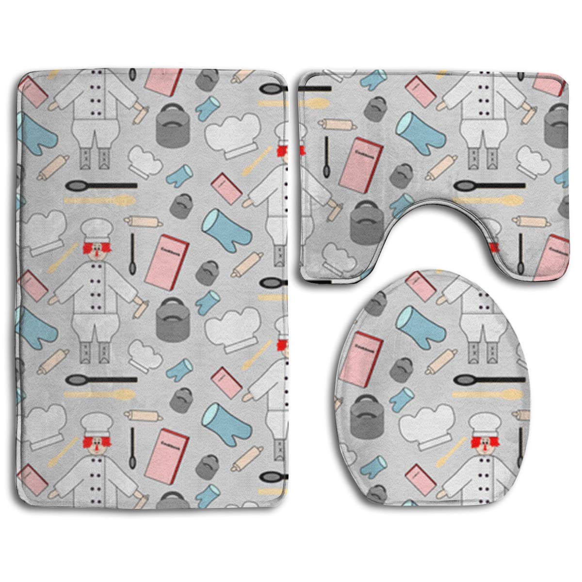 DAWN&ROSE Non-Slip Absorbent Super Cozy Flannel Bathroom Rug Carpet Toilet Seat Cover and Rug with Chef Cooking Pattern