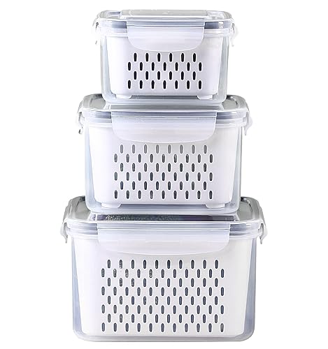 3Pack Fridge Food Storage Container Set with Lids with Strainer,