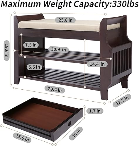 Miniatura 29 de Banco de zapatos de bambú con 3 ganchos laterales, cojín gris extraíble, almacenamiento de zapatos de entrada de 2 niveles, 37.4 x 11.4 x 19.3