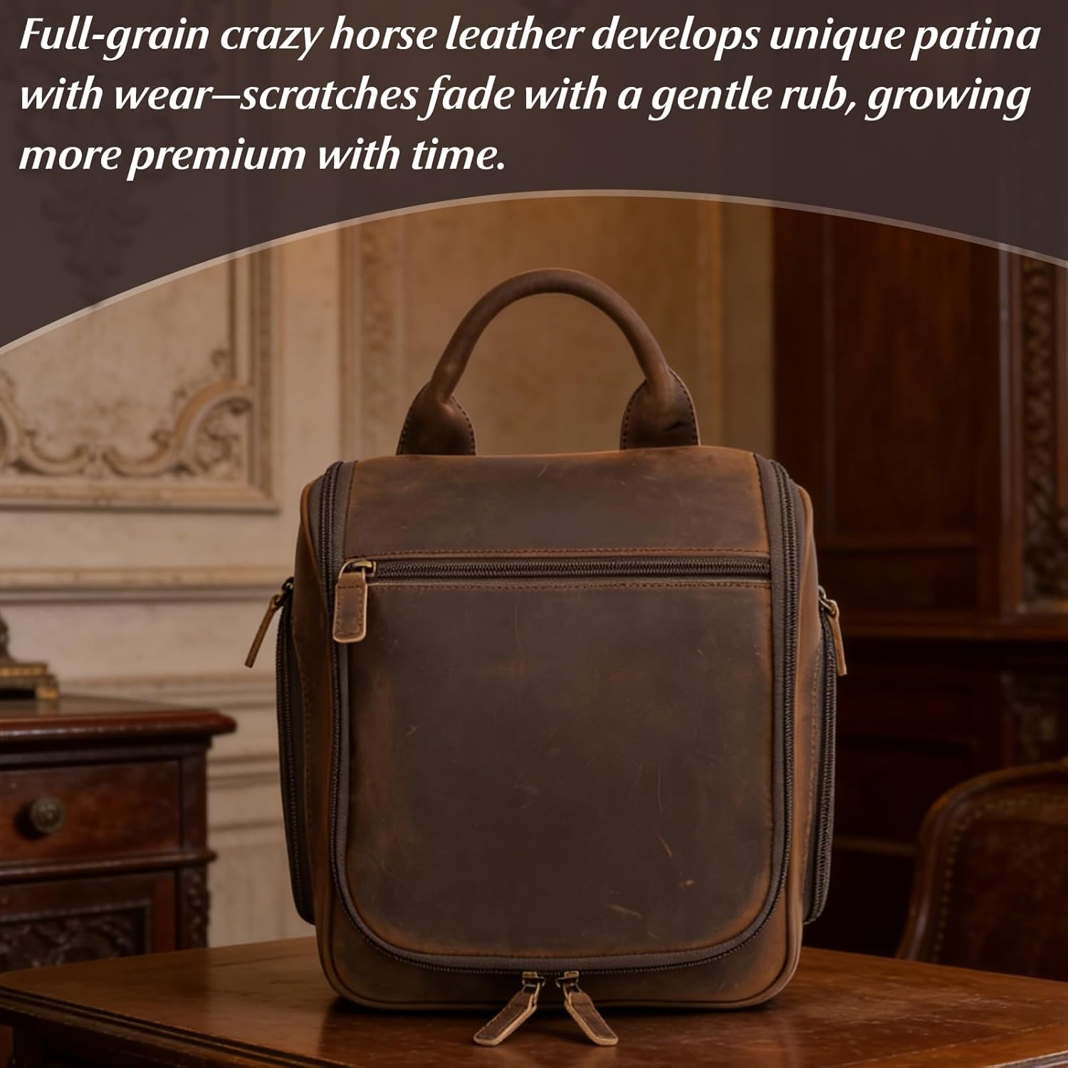 Versatile Genuine Leather Travel Hanging Toiletry Bag, A Dark Brown Hanging Makeup Organizer for Men or Women, Water-resistant Shaving Kit Bag Suitable for Camping and Travel Trips