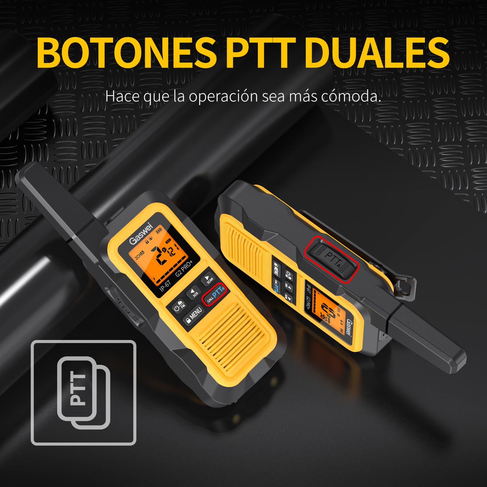 Gaswei G2Pro Walkie-Talkies Profesionales, 2 Unidades - IP67 Impermeable y Flotante, Largo Alcance, SOS, Radio FM, Color Amarillo​ - 5