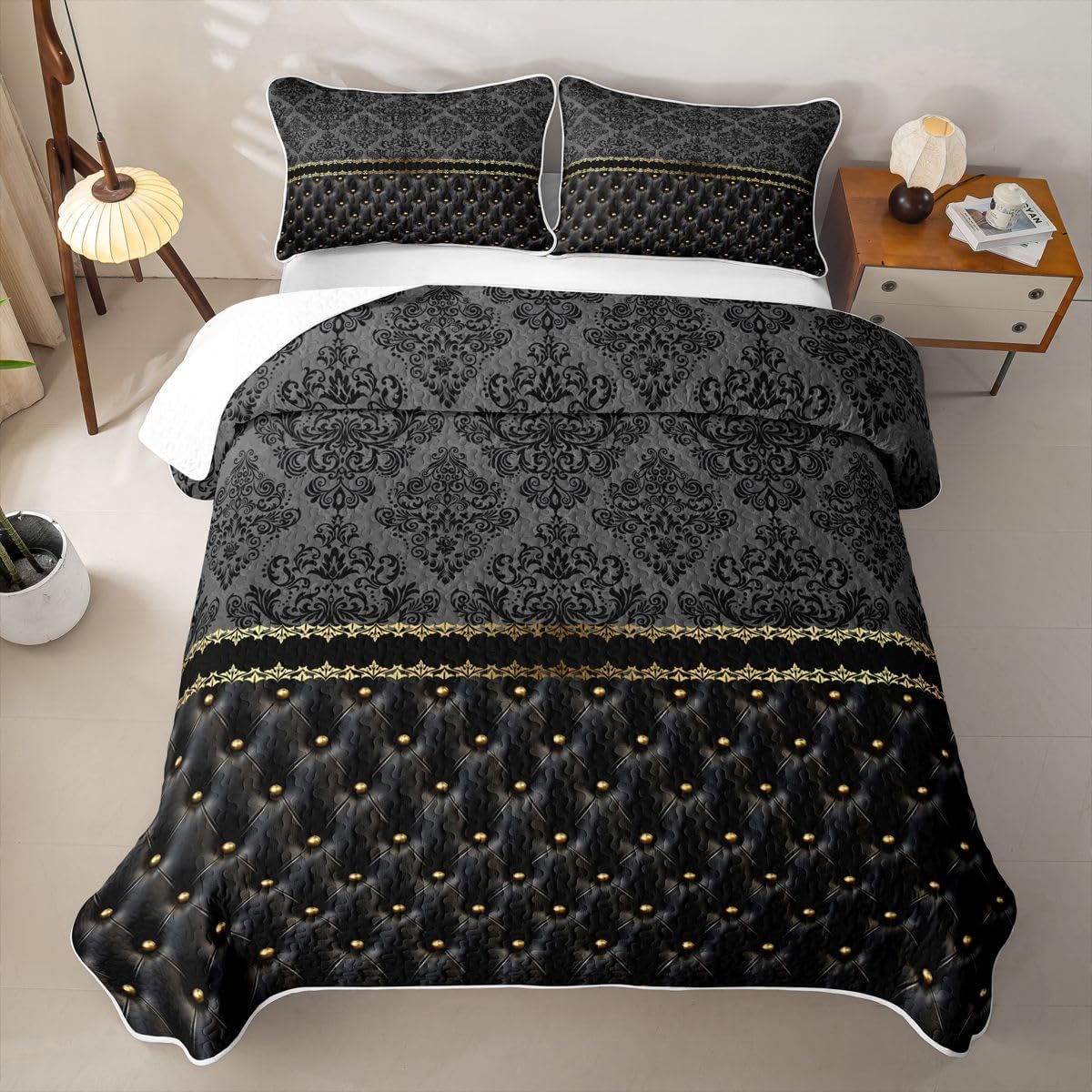 Feelyou Black and Gold Damask Gothic Quilt Bedspread for Kids Boys Girls Antique Victorian Baroque Bedding Queen Size Jacquard Bohemian Exotic Lightweight Bed Cover Quilted Coverlet Set