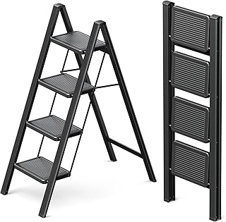 Scaletta a 4 Gradini per Adulti, Scala Pieghevole con Base Sicura, Pedane Allargate, Design Estetico che si Integra Perfettamente negli Interni Domestici