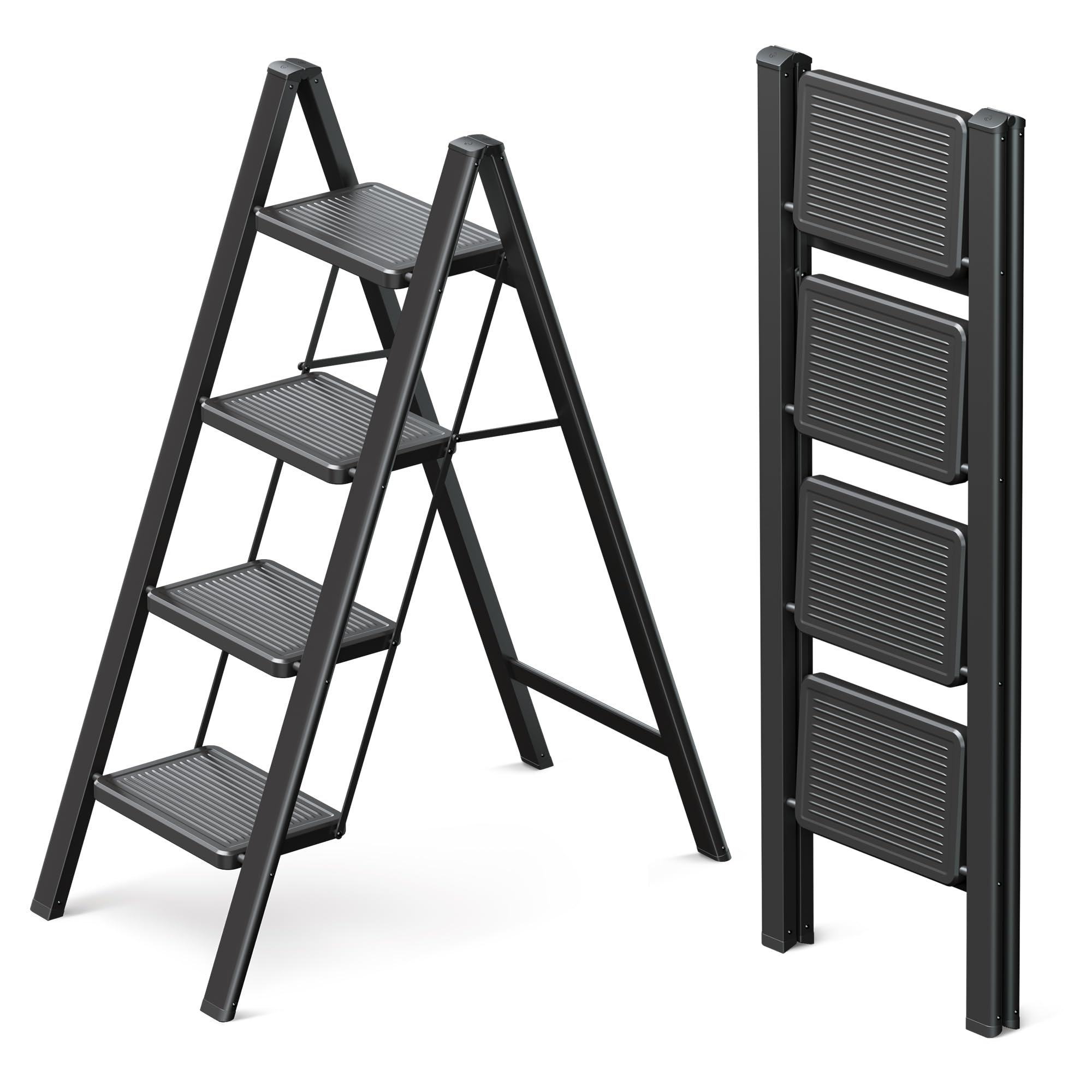 Escabel de 4 Peldaños para Adultos, Escalera Plegable con Base Antideslizante, Peldaños Ampliados, Diseño Estético Que se Integra Perfectamente en Interiores Domésticos