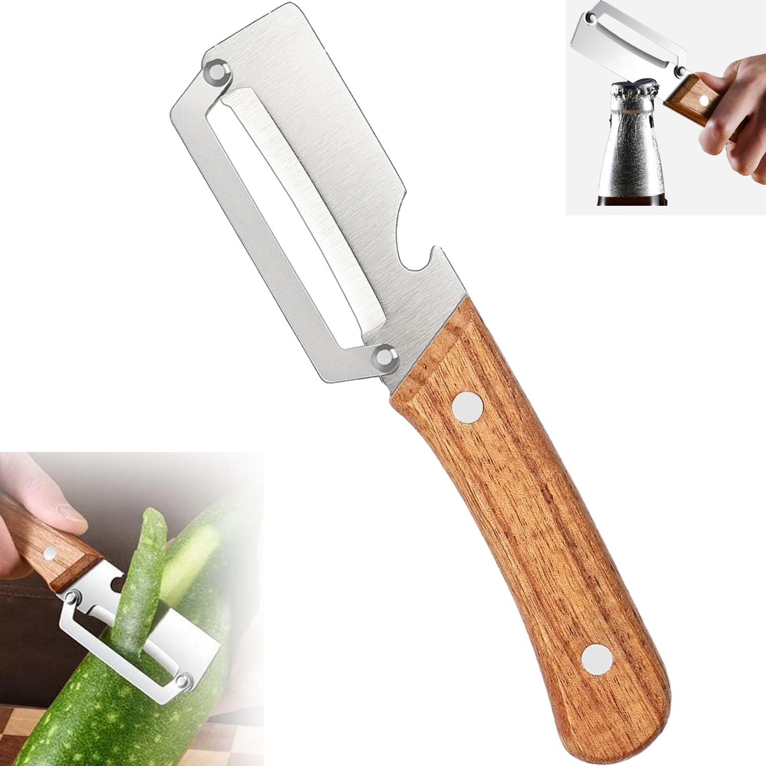 Photo 1 of 1 PCS Multi-Functional Vegetable Peeler with Wooden Handle, Stainless Steel Blade Fruit Peeler with Bottle Opener, Comfortable Non-Slip Kitchen Peeler for Potato, Pumpkin, Papaya & More (1)