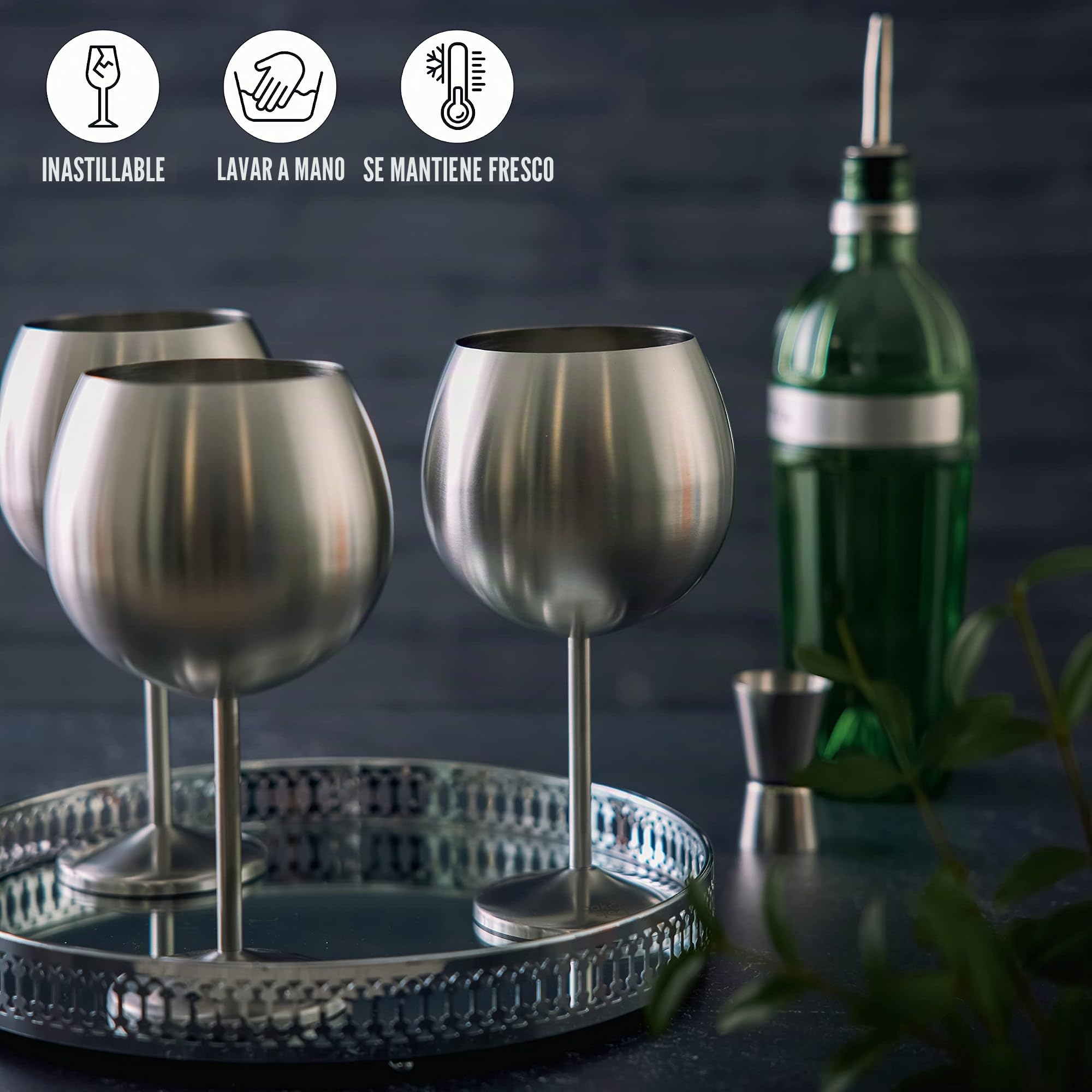 Oak & Steel - 4 Copas Globo Grandes de Acero Inoxidable para Ginebra, Copas de Cóctel (XL 700ml) - Plata Mate - Robustas e Irrompibles - Set de Regalo para Cumpleaños y Navidad