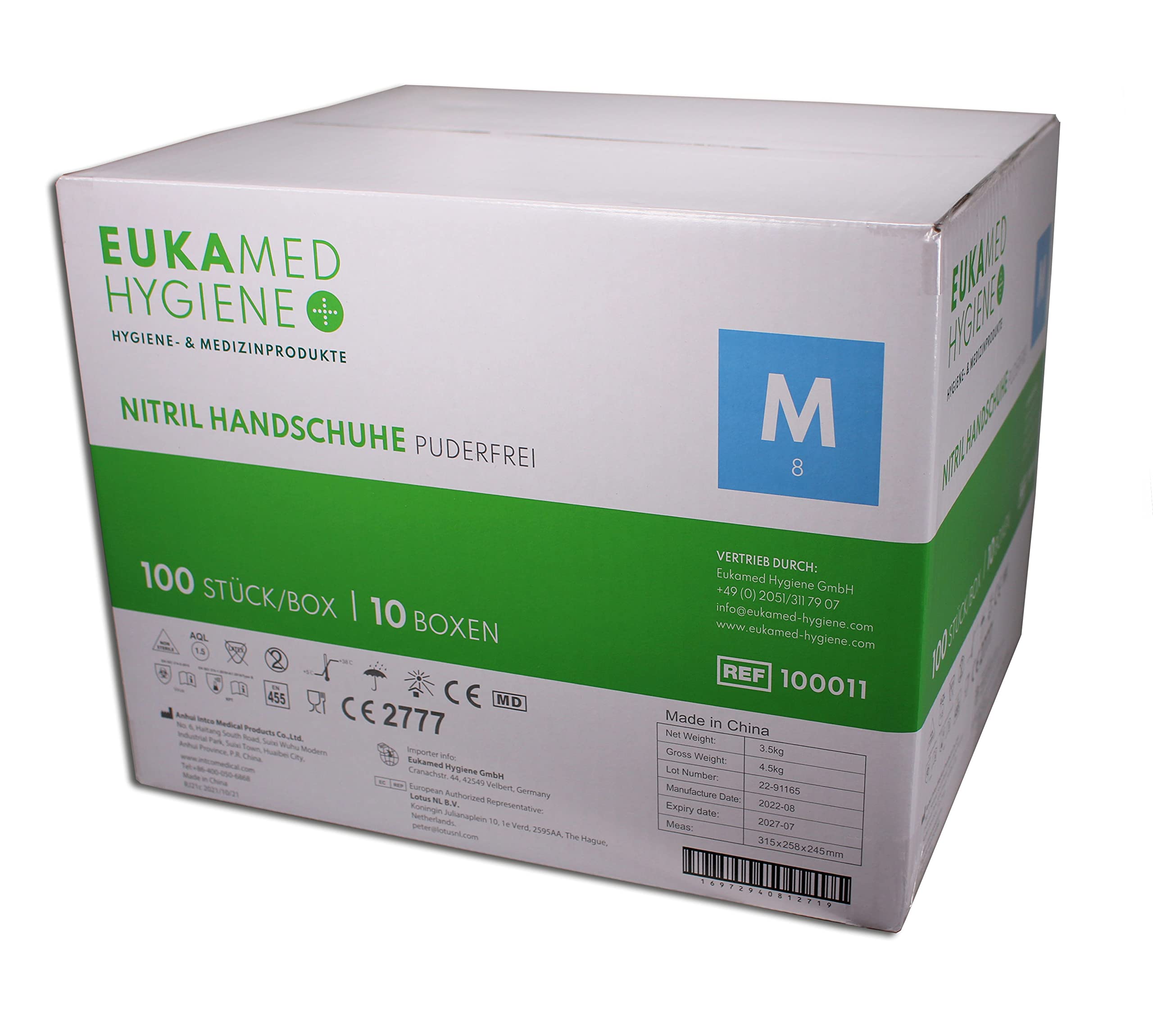Nitril-Handschuhe M, 1000 Stück, puderfrei, latexfrei, hypoallergen, Lebensmittelhandschuhe, medizinische Einweghandschuhe (Karton mit 10 Pack á 100 Stück)(Größe M)