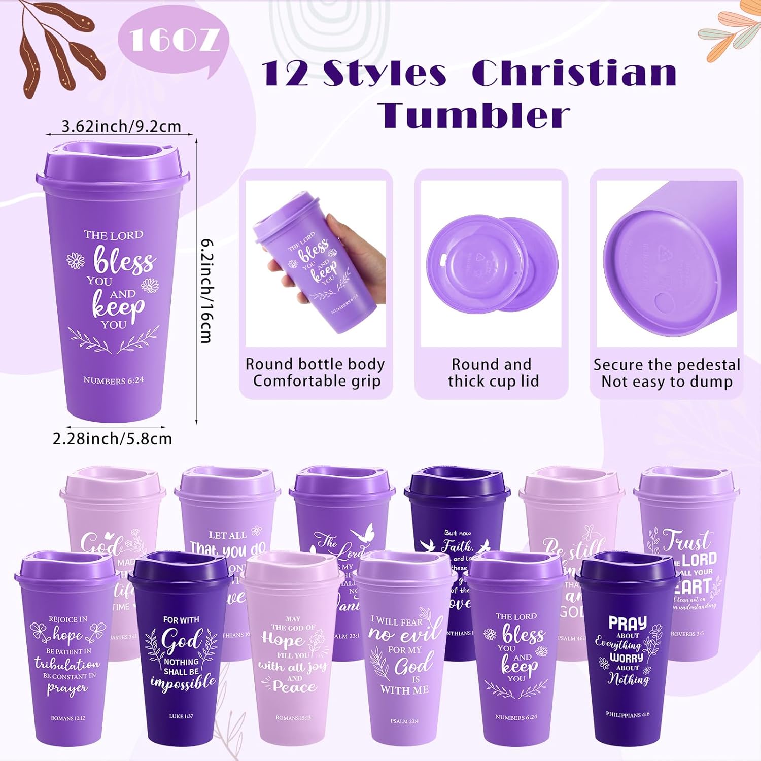 Skylety 12 Set/ 48 Pcs Easter Christian Gifts for Men Women Religious Gift Set 16 oz Bible Scripture Cups with Lids Mini Spiral Notebooks Pens Keychains for Mother Father Birthday(Purple Gradient)