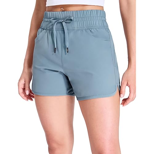 MIER Women's Running Shorts Quick Dry Athletic Workout High Waisted Active Shorts with Liner Zipper Pocket 4 Inch