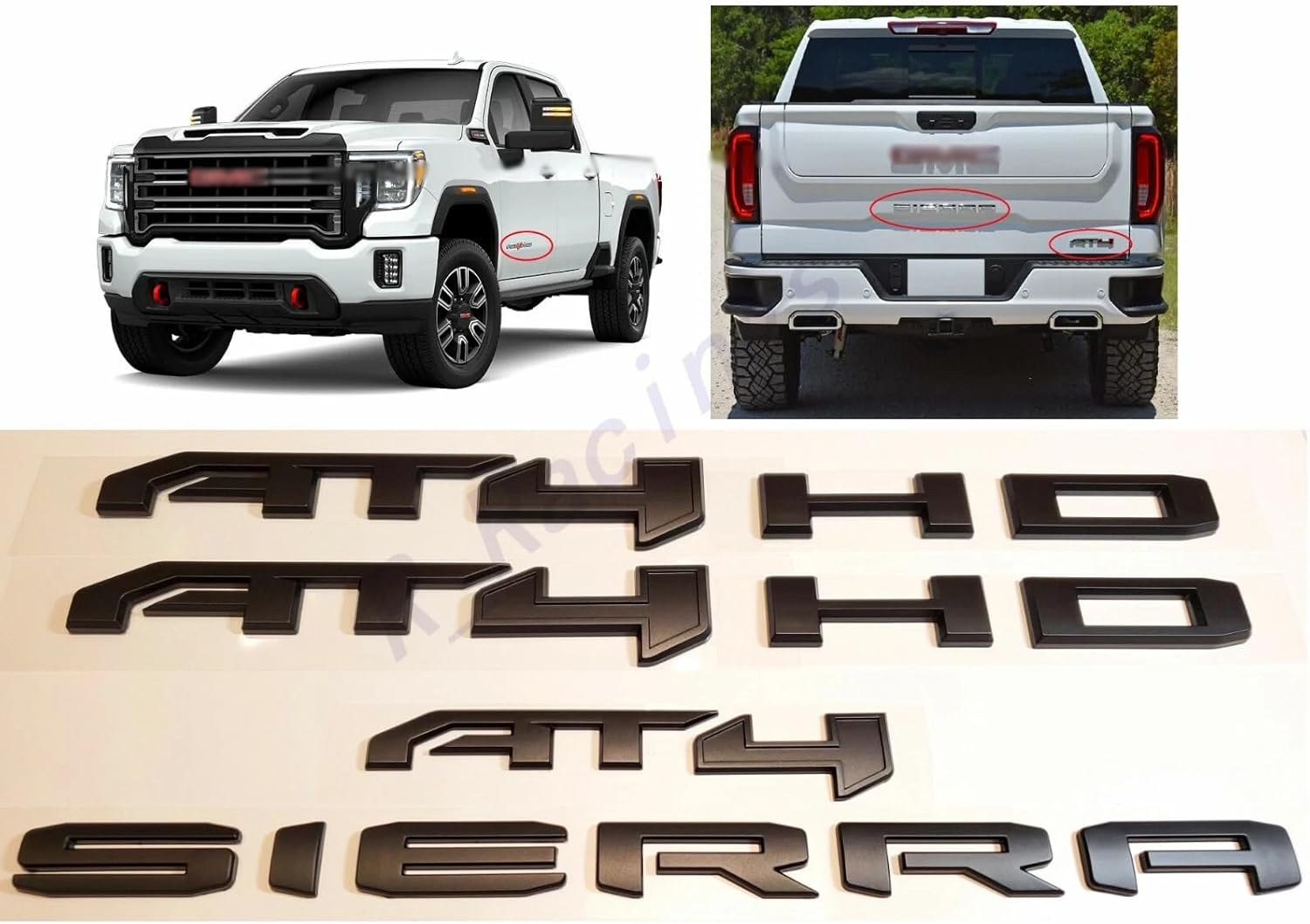 6Pcs AT4 HD Emblems Sierra Letters 3D Badge Side Door Rear Tailgate Sticker Decal NamePlate Compatible with 2019-2026 Sierra 2500HD 3500HD Canyon 85002068 (Matte Black)