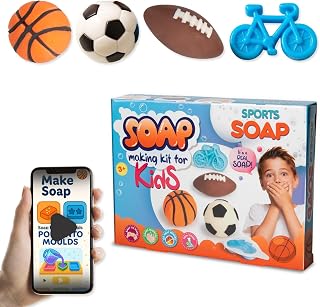 Soap Making Kit for Kids – DIY Soap Making Kit with Sports Shaped Soap Moulds (Basketball, Football, Soccer & Bicycle) Soap Making Supplies that Promote Hygiene DIY Kits for Kids Mobile App Included