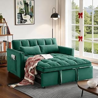 Convertible Sofa Bed, Pull Out Couch with Side Pockets, 3 in 1 Velvet Fabric Loveseat Sleeper Sofa Bed, Pull Out Couch with Adjustable Backrest for Living Room, Bedroom, Apartment, Green