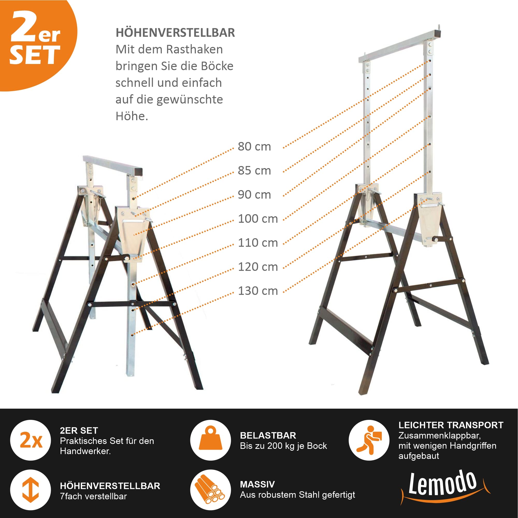 HÖGERT TECHNIK Werkbok, in hoogte verstelbare klapbok, 61,5-82 cm, met 590 kg draagkracht, balkdragers 40-90 mm, antislip werkblad, inklapbare steunen en draaggreep