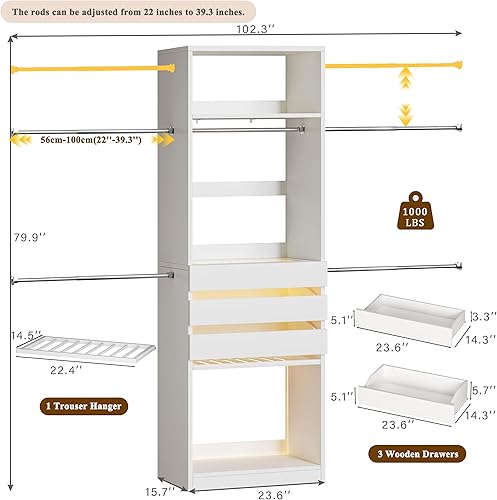 Miniatura 8 de Sistema de armario, organizador de armario de 4 a 8 pies con 3 cajones de madera y parte superior de cristal, armario de 102 pulgadas con 5 varillas