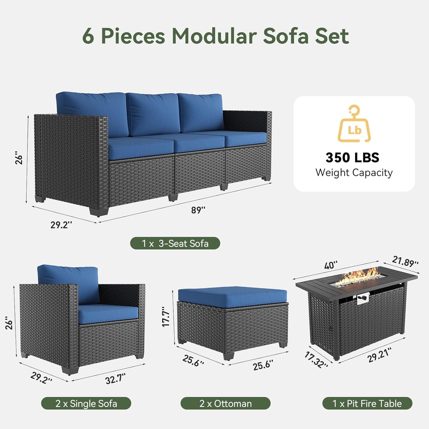 Aoxun Patio Furniture Set with Fire Pit Table, 6 Piece Outdoor Furniture Set with Wicker Ottomans, Rattan Outdoor Sectional Sofa with Thickened Cushion & Waterproof Cover Navy Blue