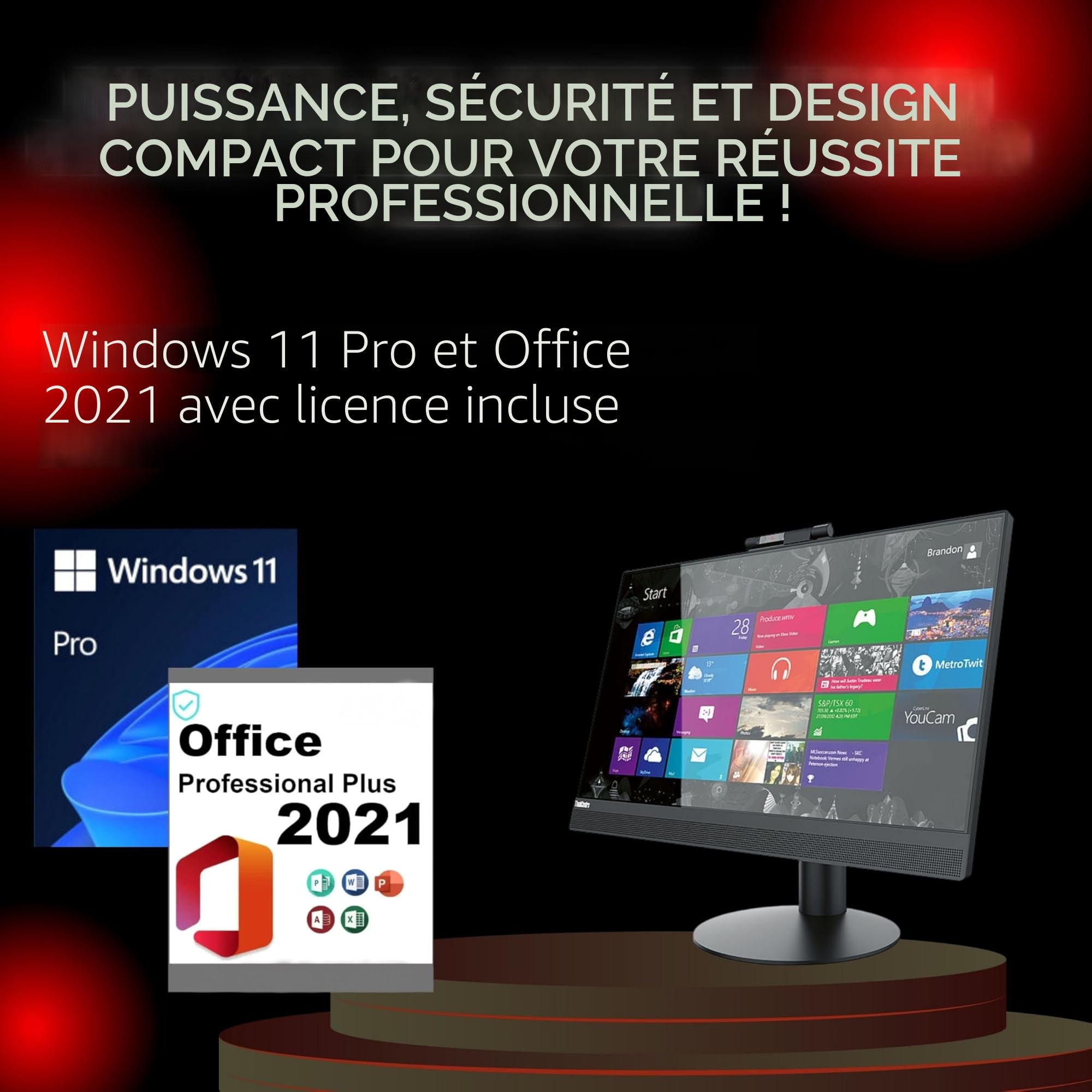 Lenovo PC Fixe Tout-en-Un, écran 24" FHD, Intel i5-8500, 16 Go de RAM, SSD 512 Go, Windows 11 Pro, Office 2021, WiFi, Bluetooth (Reconditionné)