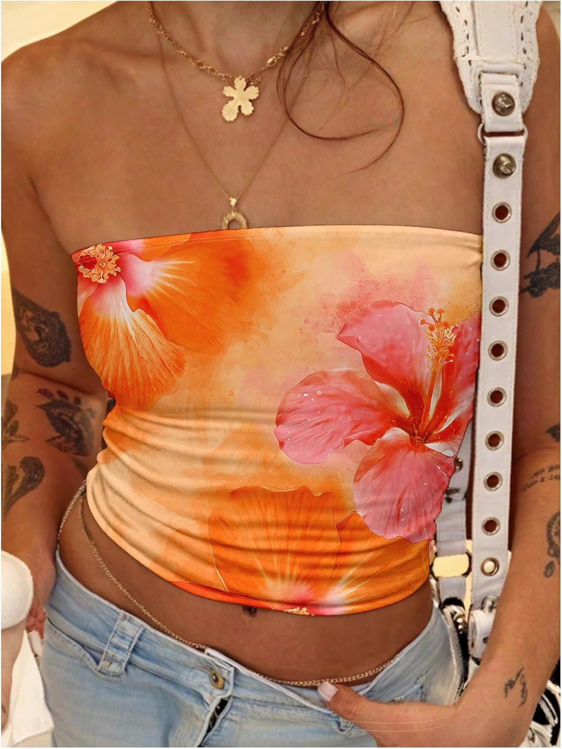 Milumia Women's Floral Print Strapless Bandeau Tube Tops Y2k Backless Summer Vacation Crop Top - Image 2