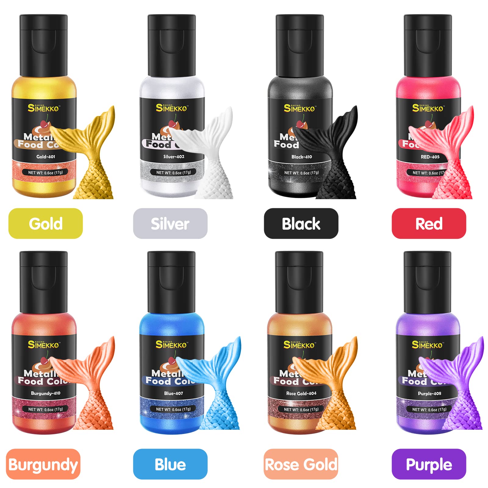 Food Coloring Metallic Color Paint: SIMEKKO 8Colors Metallic Edible Paint Set for Airbrush Cake Paint, Baking, chocolate, candy, donuts, biscuits,DIY Supplies Kit. (.6Fl. Oz Each Bottles)