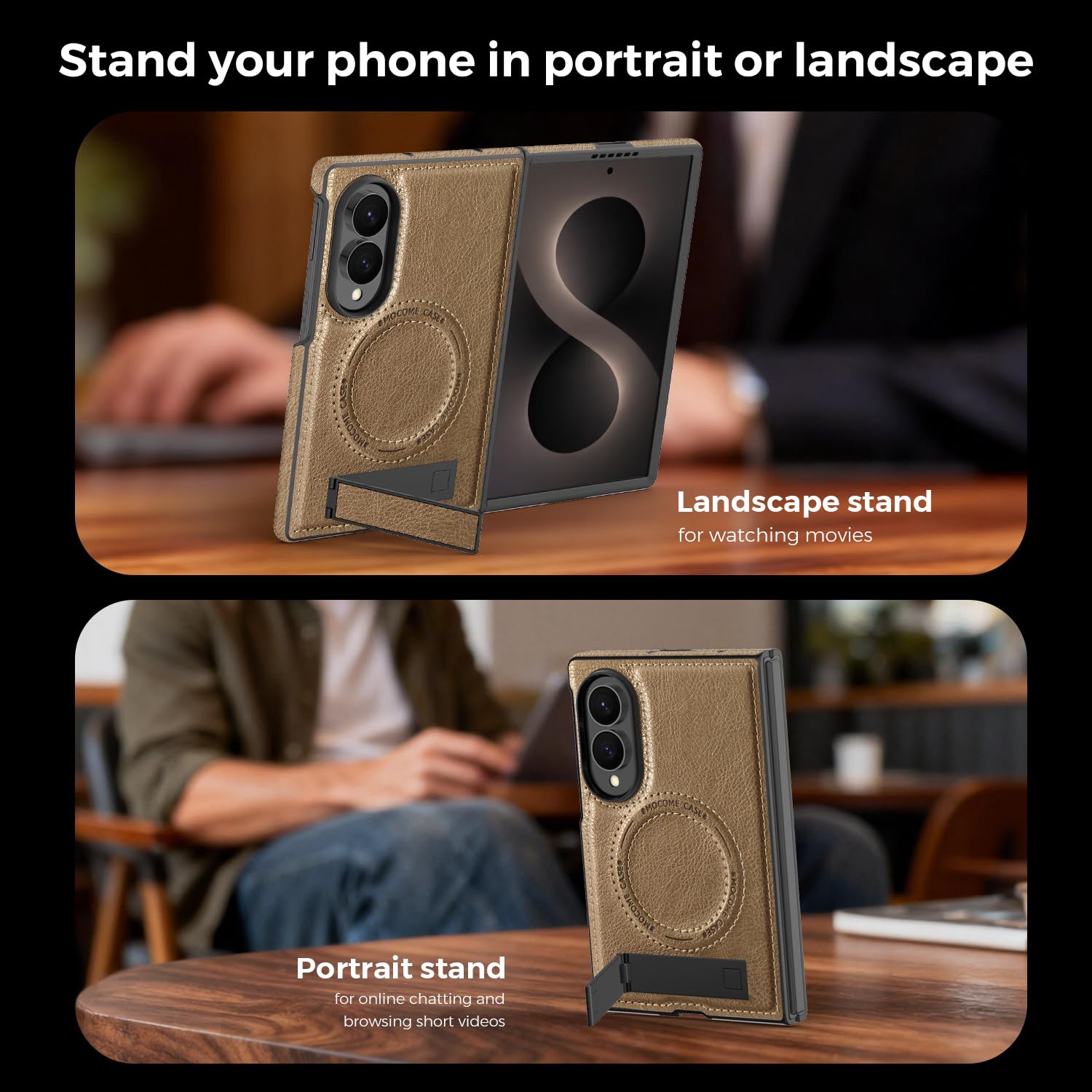 Funda para Samsung Galaxy Z Fold 8 con Soporte Integrado, Dorado | Soporte Ajustable hasta 60°, Anillo Magnético Integrado, Estructura de PC y TPU, Bordes Elevados, Acabado Exterior de PU