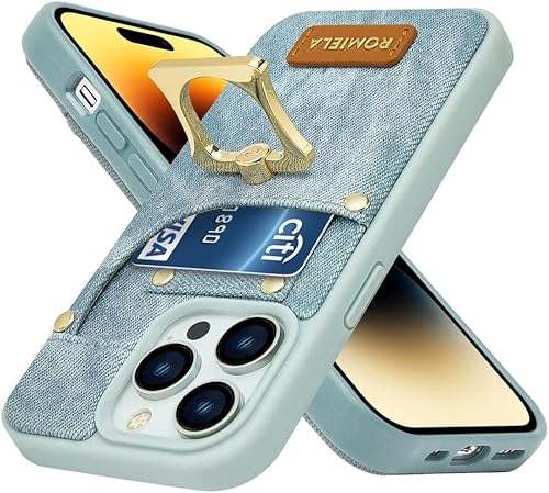 Miniatura 8 de ROMIELA - Funda para iPhone 14 Pro Max con tarjetero integrado con soporte de anillo giratorio de 360 a prueba de golpes, funda protectora con