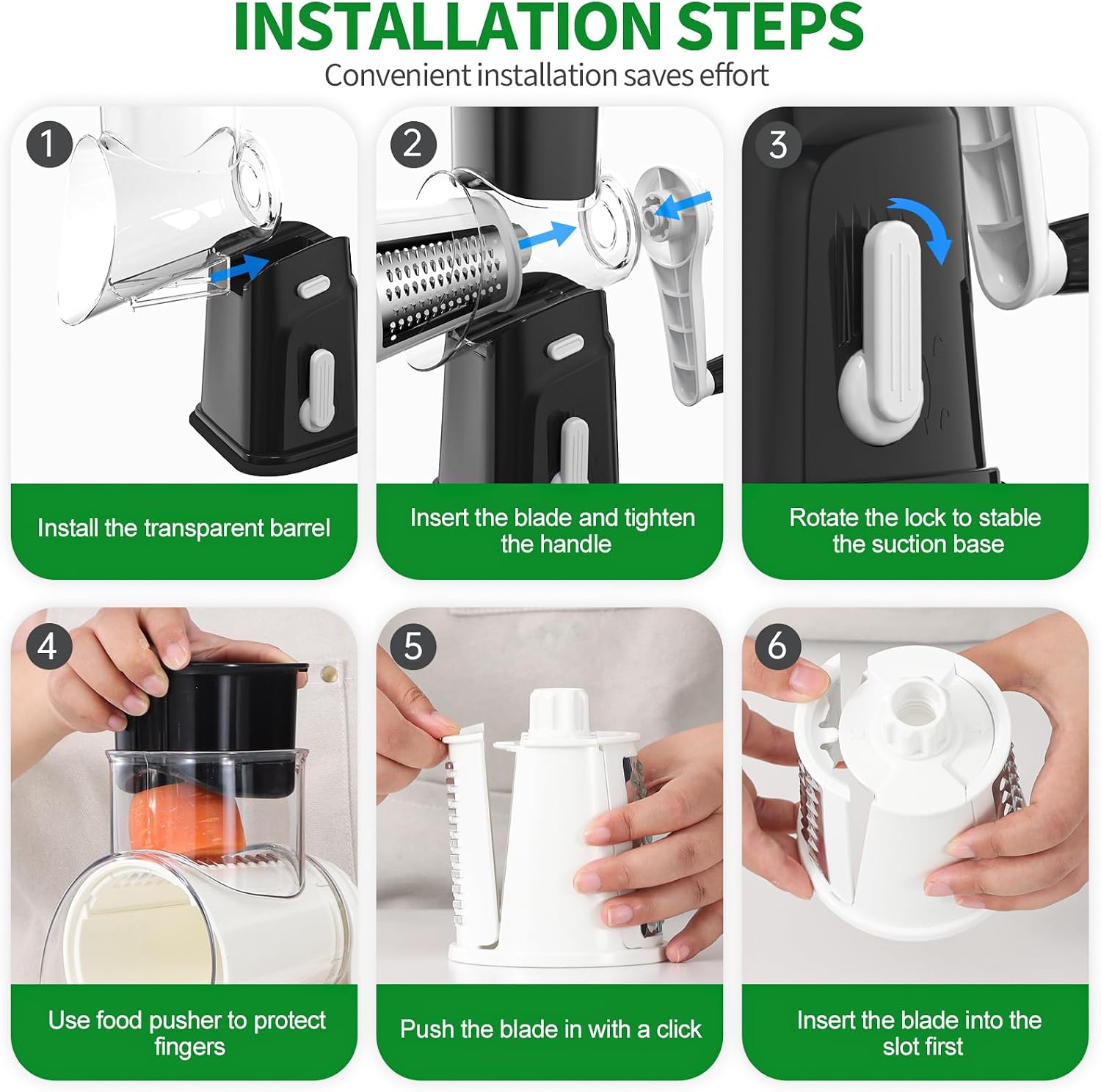 Ourokhome Rotary Cheese Grater Cheese Shredder with 5 Interchangeable Blades, Rotary Grater with Non-slip Suction Base Hand Crank Slicer for Vegetable Nuts Black