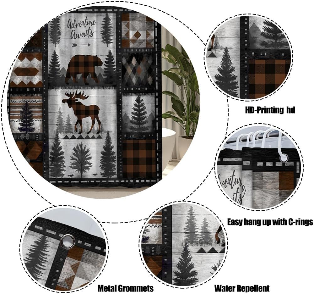 Rustic Cabin Shower Curtain Retro Forest Bear Deer Moose Camping Hunting Wildlife Safari Aztec Western Farmhouse Red Brown Buffalo Check Plaid Polyester Fabric Bathroom Curtain with Hooks