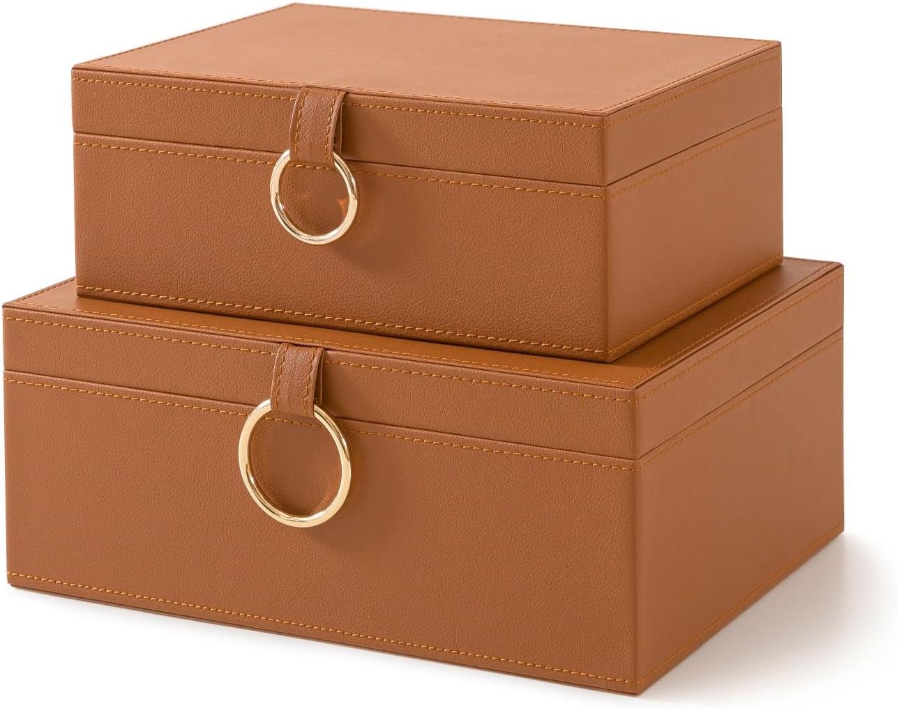 Soul & Lane Faux Leather Storage Box Set, 2 Decorative Boxes with Lids for Home Decor, Coffee Table and Living Room Shelf Organization, Remote Control Holder with Stacking Design, Warm Saddle Brown