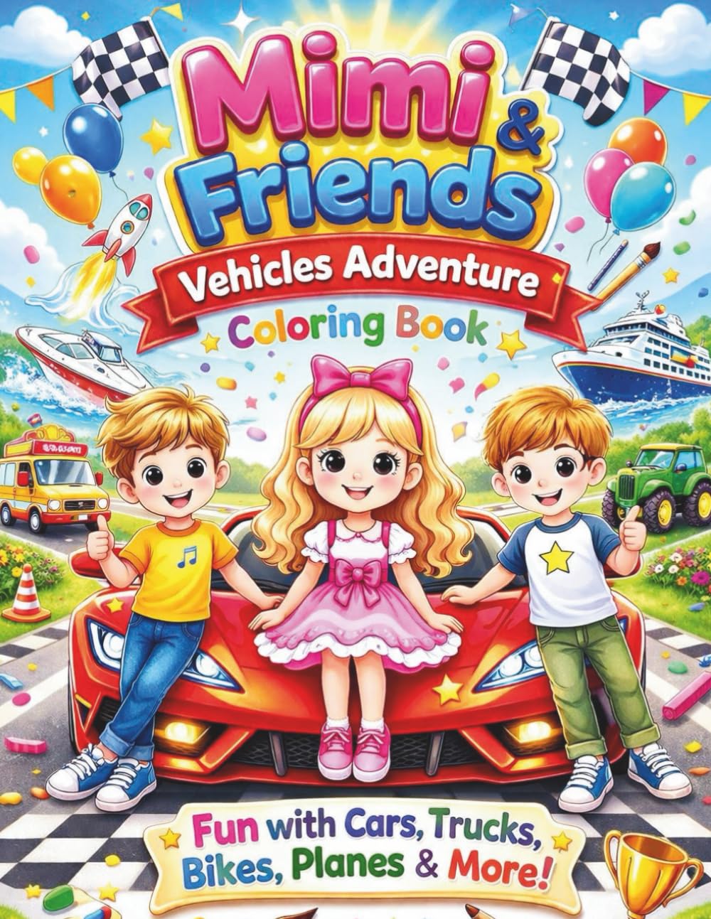 Mimi & Friends Vehicles Adventure Coloring Book for Kids Ages 3–8: Fun with Cars, Trucks, Bikes, Planes and More! Cute and Easy Transportation Coloring Pages for Toddlers and Preschool