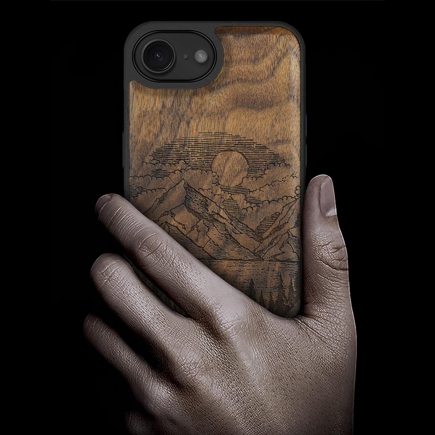 Carveit Magnetic Wooden Case for iPhone 16e / 17e, Solid Wood & Black TPU, Artisan Engraved Design, Shockproof Cover, Compatible with MagSafe Wireless Chargers, Alpine Lakes - Walnut