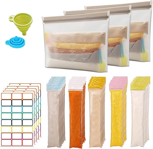 Envases para proteína y pack de viaje para suplementos: 100 dispensadores a prueba de fugas con embudo y 3 bolsas portátiles para gimnasio, exteriores, viajes