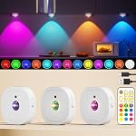 Rechargeable RGB Puck Lights with Remote,13 Colors Under Cabinet Lighting Wireless, 1500mAh LED Push Lights Stick on with Timer Function, Dimmable Tap Lights for Under Cabinets,Kitchen,Closet (3 Pack)