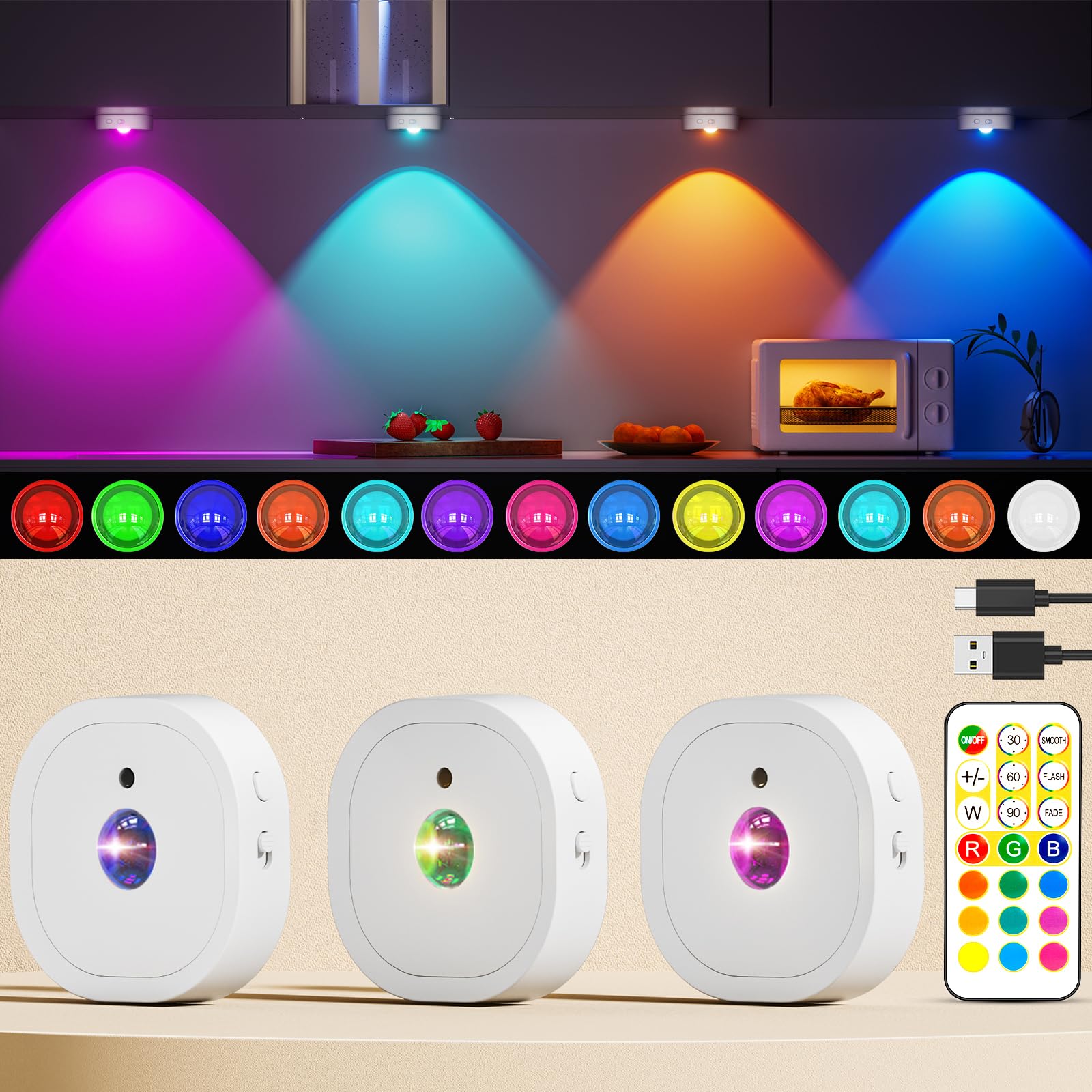 Rechargeable RGB Puck Lights with Remote,13 Colors Under Cabinet Lighting Wireless, 1500mAh LED Push Lights Stick on with Timer Function, Dimmable Tap Lights for Under Cabinets,Kitchen,Closet (3 Pack)