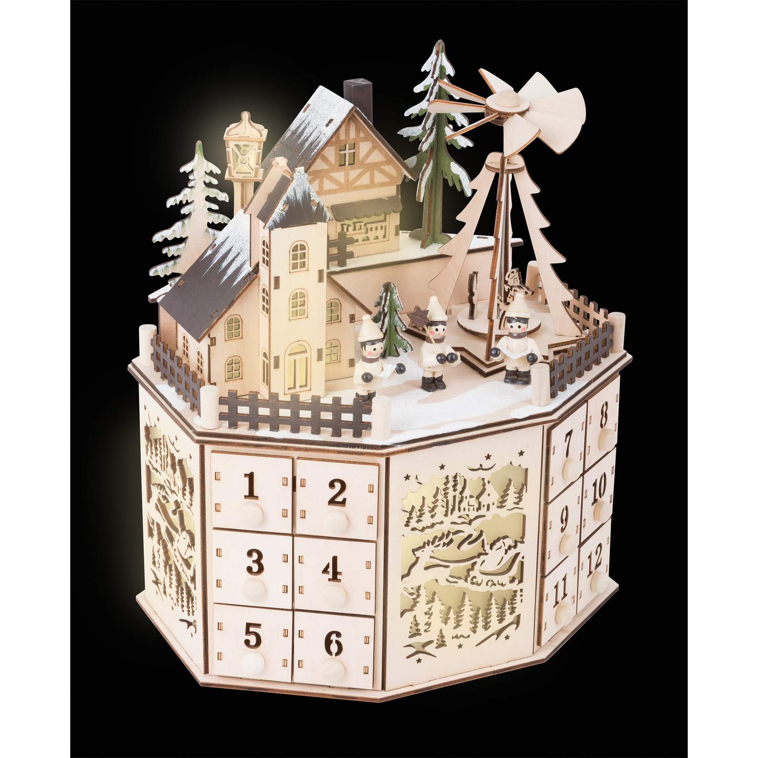 Small Foot Adventskalender mit Pyramide aus Holz, detailreich gestaltet mit Beleuchtung, mit 24 Schubladen, 10997, Natur